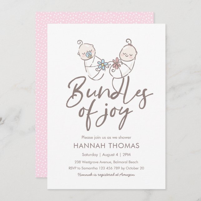 Twillingar Babyinställningspojke och flicka Inbjudningar (Fram/baksida)