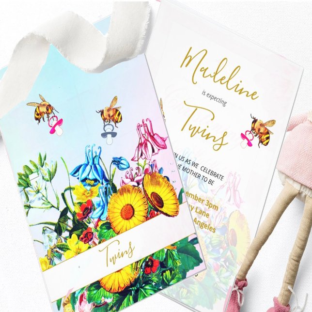 Twillingar Babyskor Blå Rosa Blommigt Honungsbin Inbjudningar (Skapare uppladdad)