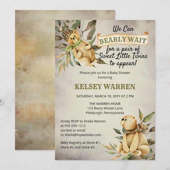 Twillingar Barly Wait Woodland Nalle Baby Shower Inbjudningar (Fram/baksida)