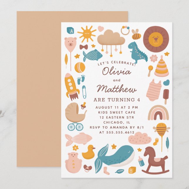 Twillingar barns födelsedag party. Baby djur leksa (Fram/baksida)