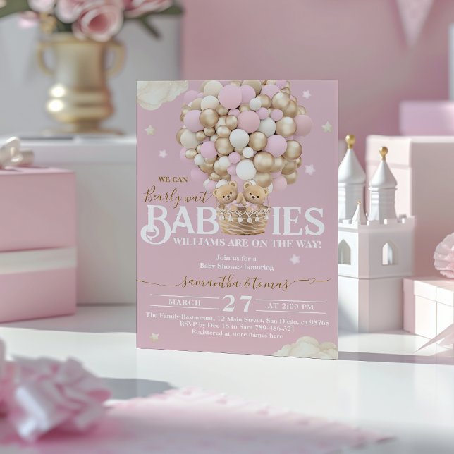 Twillingar Bear Balloes Barly Wait Flicka Shower Inbjudningar (Skapare uppladdad)