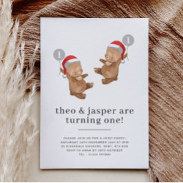 Twillingar Bear Balloon Santa Hat First Birthday Inbjudningar