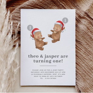 Twillingar Bear Balloon Santa Hat First Birthday Inbjudningar