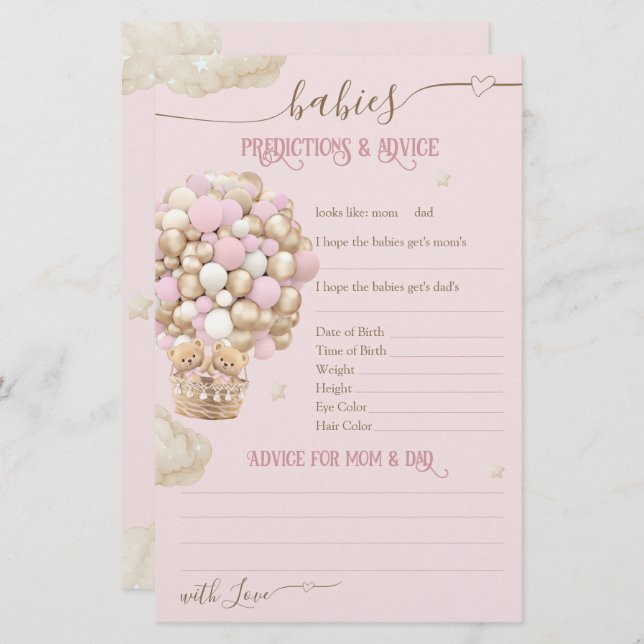 Twillingar Bear Rosa Balloons Flicka Shower Game (Fram/baksida)