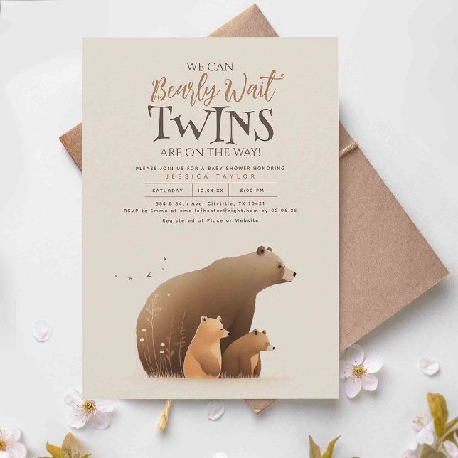 Twillingar Bear Spädbarn och Mor Cute Baby Shower Inbjudningar (We Can Bearly Wait Twins Are On The Way! - Cute Mother bear and her two cubs baby shower invitations)