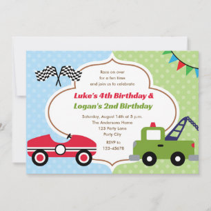 Twillingar Bjuder in Boy Birthday Tävling Car Tow Inbjudningar