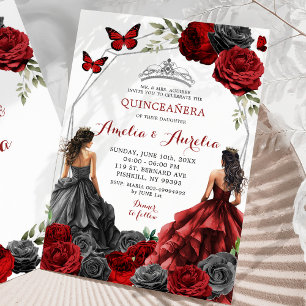 Twillingar Black and Red Burgundy Blommigt Quincea Inbjudningar