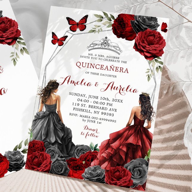 Twillingar Black and Red Burgundy Blommigt Quincea Inbjudningar (Skapare uppladdad)