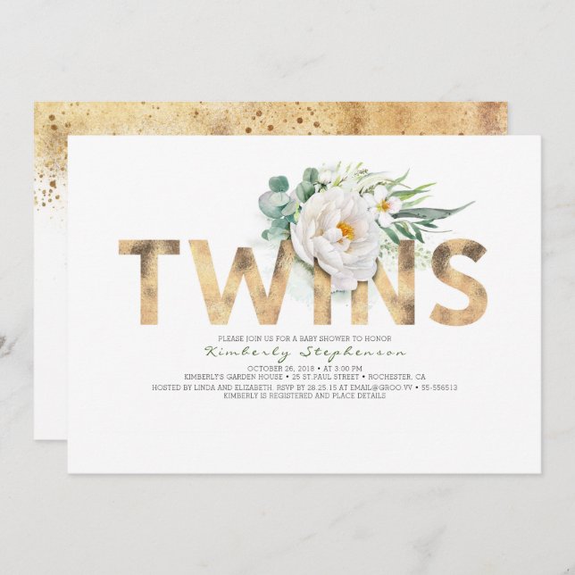 Twillingar Blommigt Guld Typography Baby Shower Inbjudningar (Fram/baksida)