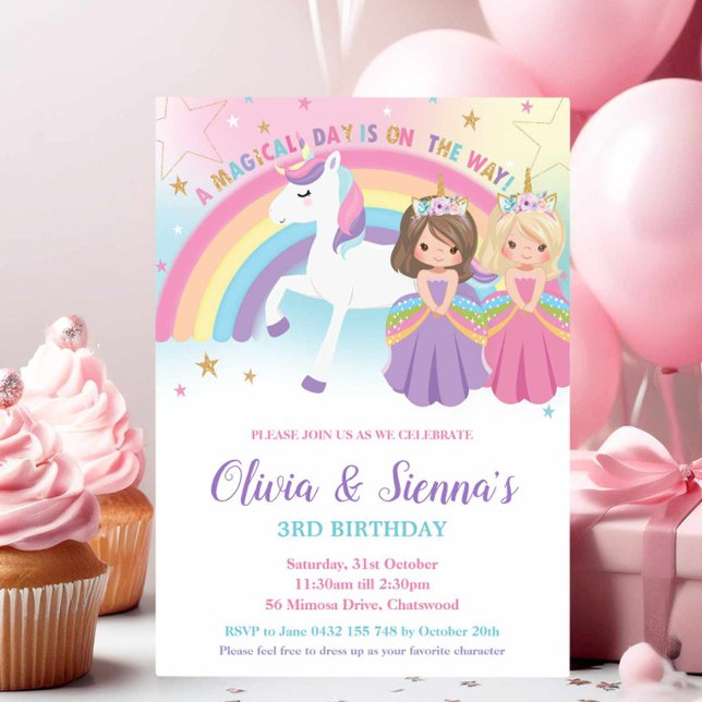 Twillingar Blonde Brunette Princesses Unicorn Birt Inbjudningar (Skapare uppladdad)