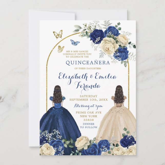 Twillingar Blue Ivory Princesses Quinceañera Inbjudningar (Framsida)