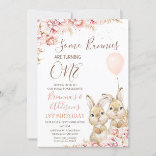 Twillingar Boho Blommigt Bunny Balloon 1:a födelse Inbjudningar