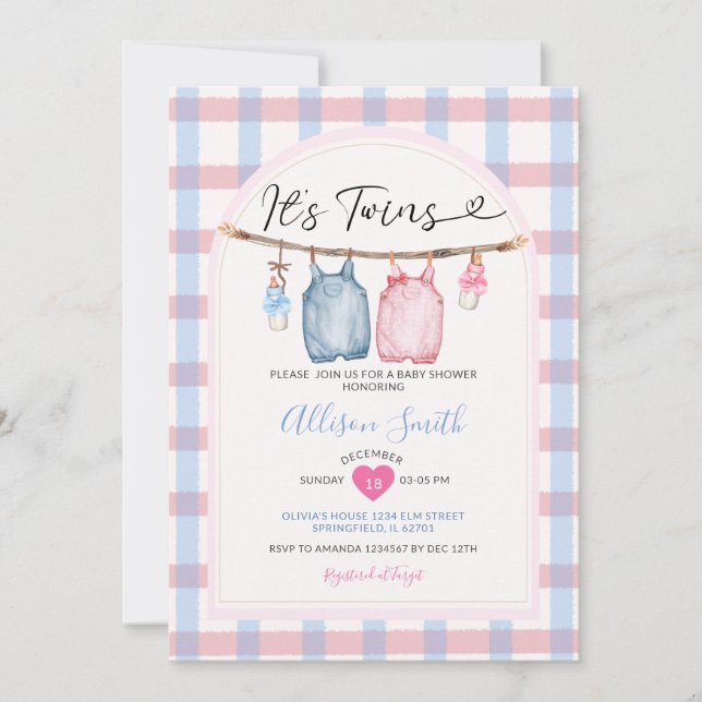 Twillingar Bow Clothes Autumn Gingham Baby Shower Inbjudningar (Framsida)