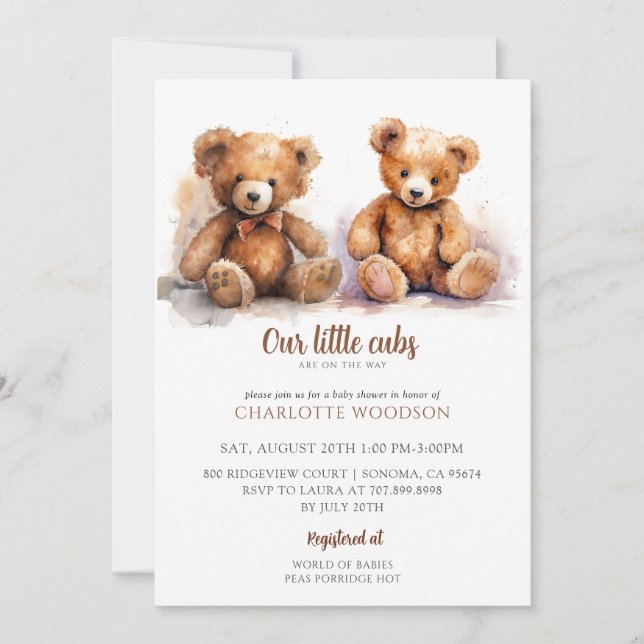 Twillingar Boy Baby Shower Nalle Unge Inbjudningar (Framsida)