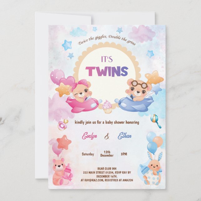 Twillingar Boy Bear Airplan Baby Shower Inbjudningar (Framsida)