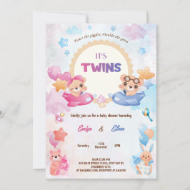 Twillingar Boy Bear Airplan Baby Shower Inbjudningar