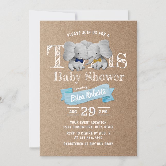 Twillingar Boy Cute Elephant Rustic Kraft Baby Sho Inbjudningar (Framsida)