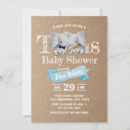 Twillingar Boy Cute Elephant Rustic Kraft Baby Sho Inbjudningar
