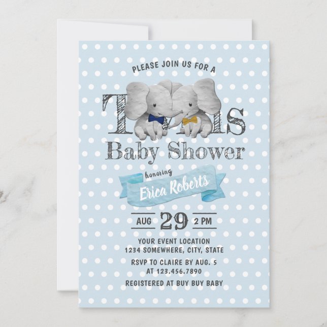 Twillingar Boy Elephant Blue Polka dots Baby Showe Inbjudningar (Framsida)