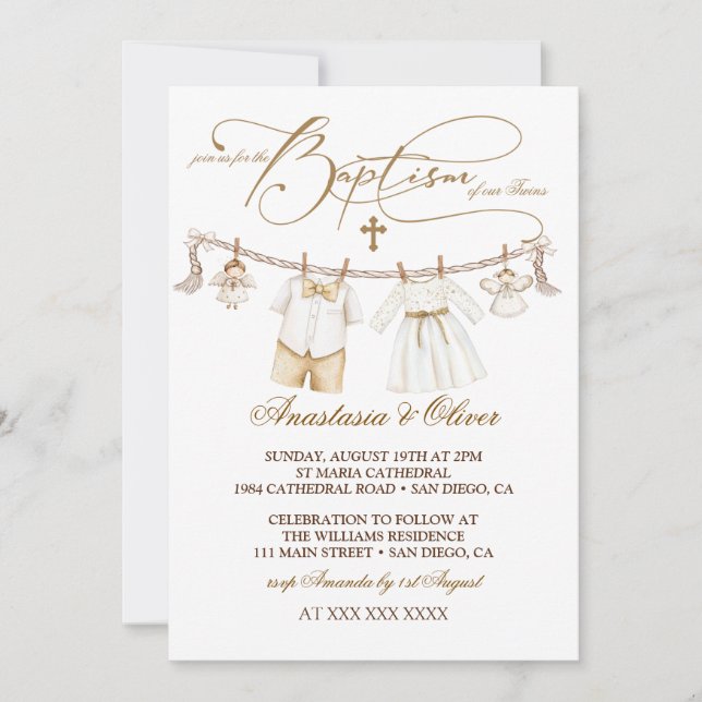 Twillingar Boy & Girl Baptism Christening Boho Inbjudningar (Framsida)