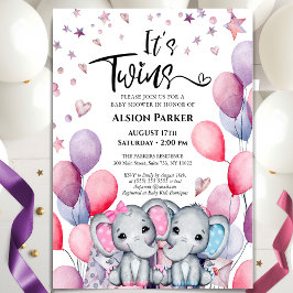 Twillingar Boy Girl Elephant Balloon Cute Baby Sho Inbjudningar