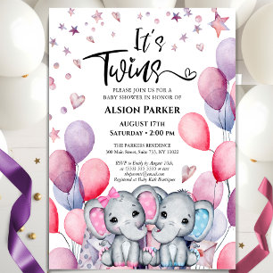 Twillingar Boy Girl Elephant Balloon Cute Baby Sho Inbjudningar