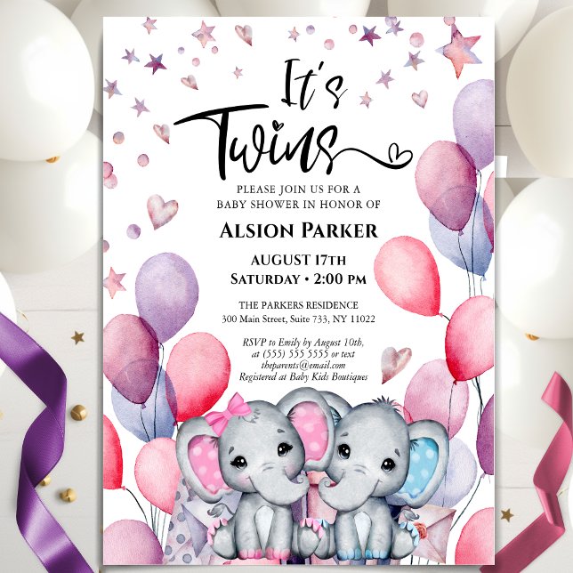 Twillingar Boy Girl Elephant Balloon Cute Baby Sho Inbjudningar (Skapare uppladdad)