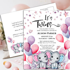 Twillingar Boy Girl Elephant Balloons Cute Baby Sh Inbjudan Vykort