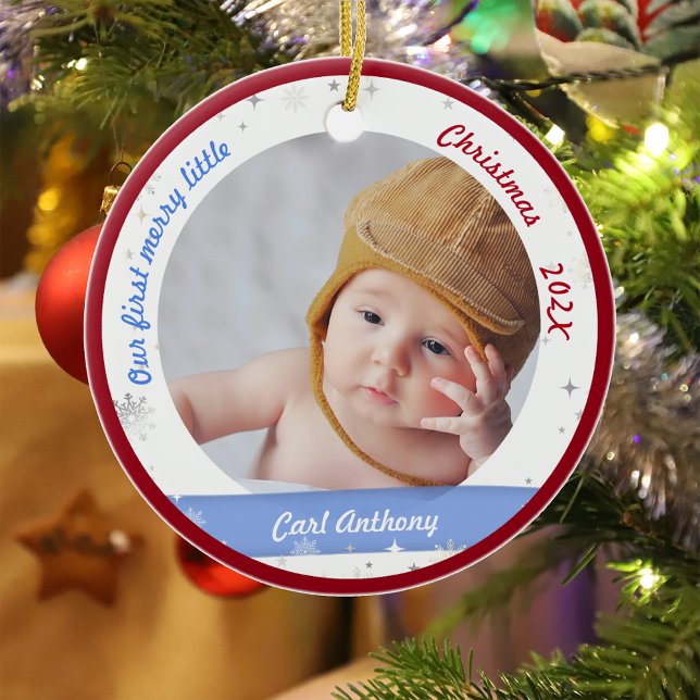 Twillingar Boy Girl Foton först Merry Little jul Julgransprydnad Keramik (Modern Elegant Cute Our First Merry Little Christmas Twins Boy Girl 2 Photos Snowflakes Red Frame)