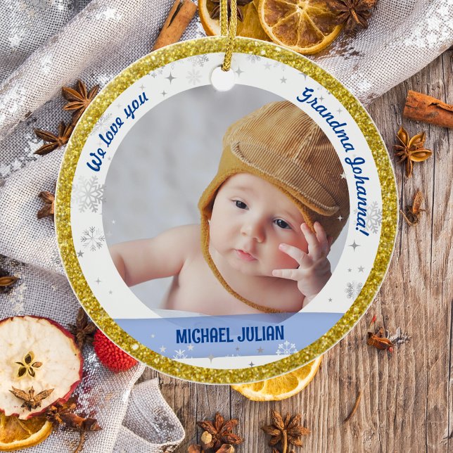 Twillingar Boy Girl Photos Grandma First jul Baby Julgransprydnad Keramik (Modern, Elegant, Cute We love you, Grandma First Christmas Twin Babies Boy Girl Snowflakes Golden)