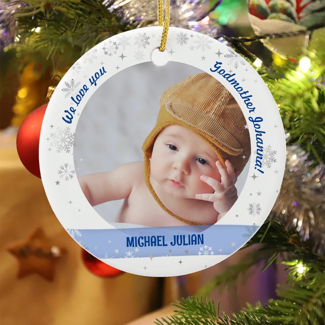 Twillingar Boy Photos Godmor 1:a jul Baby Julgransprydnad Keramik (Modern Elegant Cute We love you Godmother Our First Christmas Twin Babies Boy Girl Snowflakes Stars)