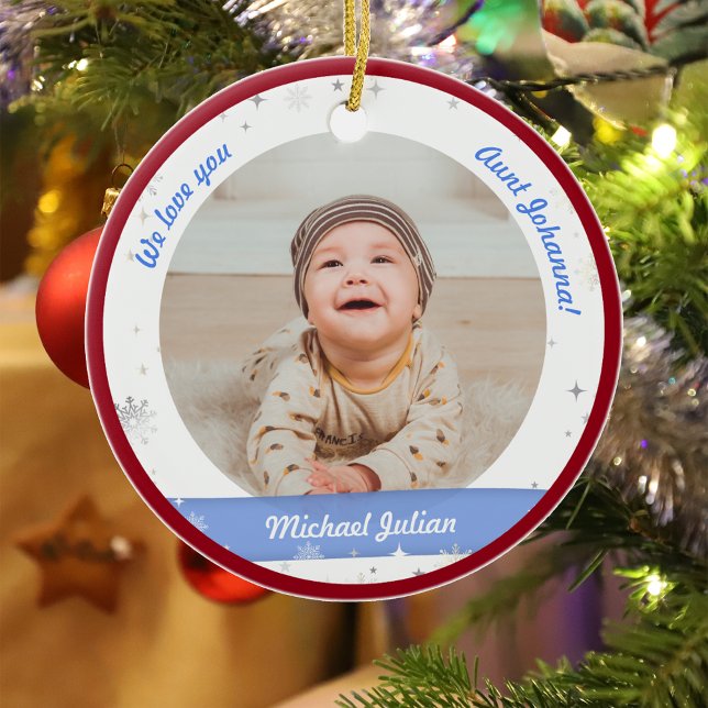 Twillingar Boys Photos Moster Cute Första jul Baby Julgransprydnad Keramik (Modern Elegant Cute First Christmas Baby Twins Boys We love you Auntie Snowflakes Stars Red Frame)