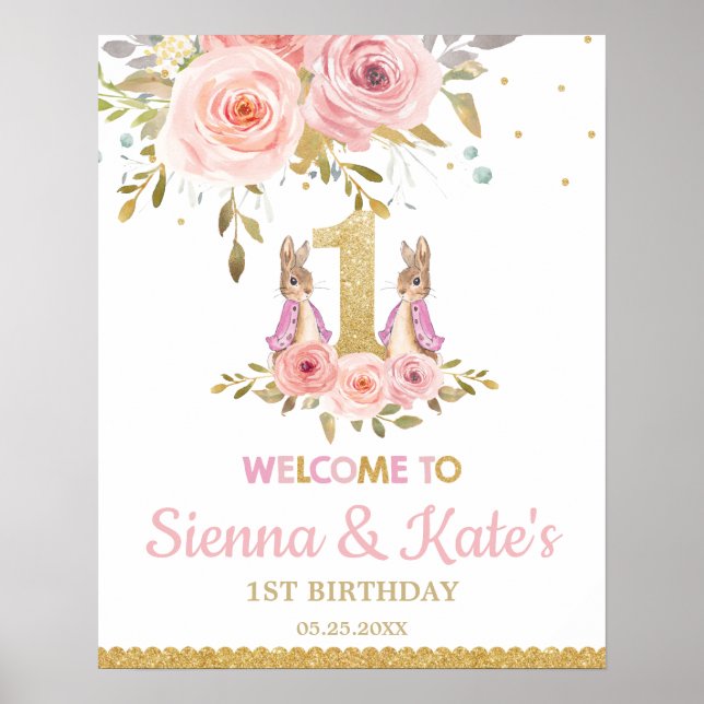 Twillingar Bunny Rabbit Twin Girls 1:a födelsedag  Poster (Framsidan)