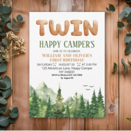 Twillingar Campers Wood Grönt Forest 1 Birthday Inbjudningar