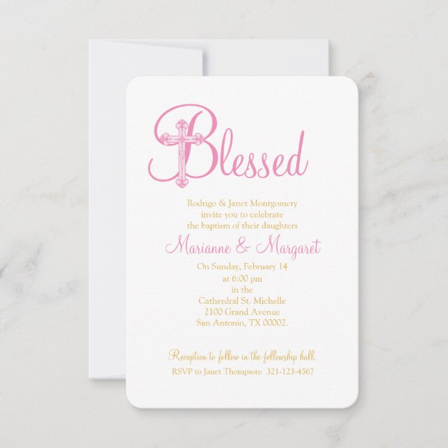 twillingar CHRISTEING eller BAPTISM rosa guld kor Inbjudningar (Framsida)