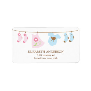 Twillingar Clothesline Baby Shower-etiketter Adressetikett