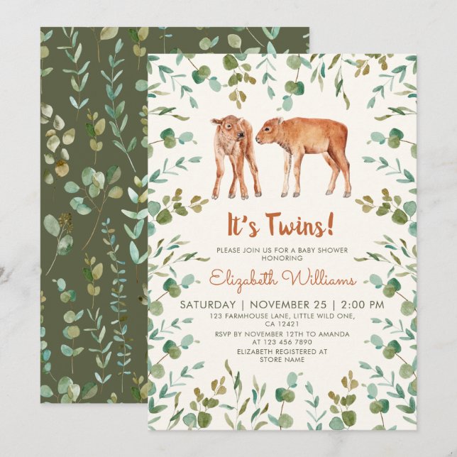 Twillingar Cute Baby Bison Baby Shower Inbjudningar (Fram/baksida)