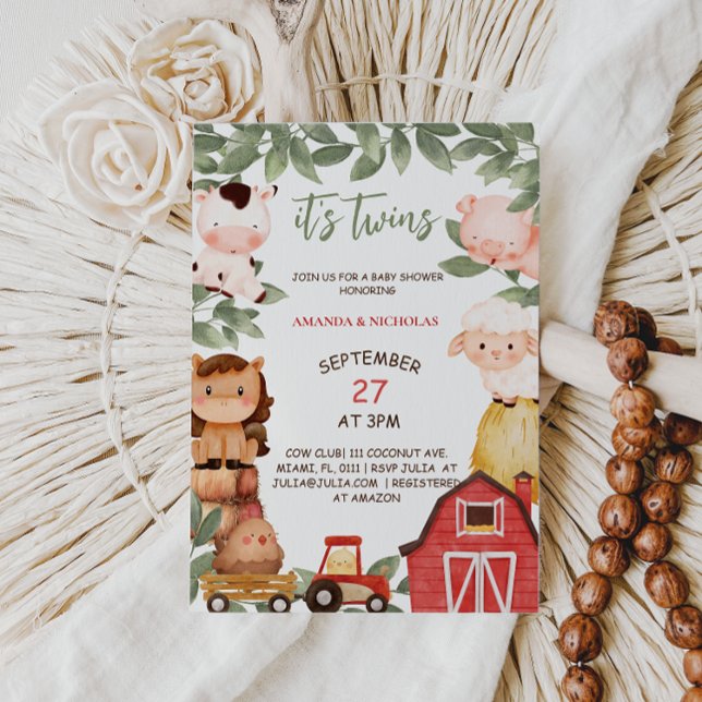 Twillingar Cute Boskap Watercolor Baby Shower Inbjudningar (Skapare uppladdad)