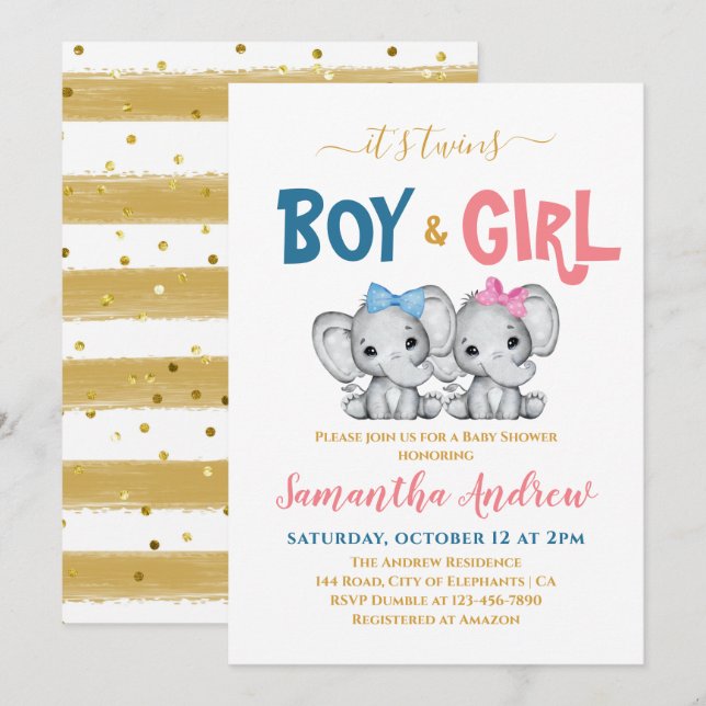 Twillingar Cute Elephant Boy & Girl Shower Inbjudningar (Fram/baksida)