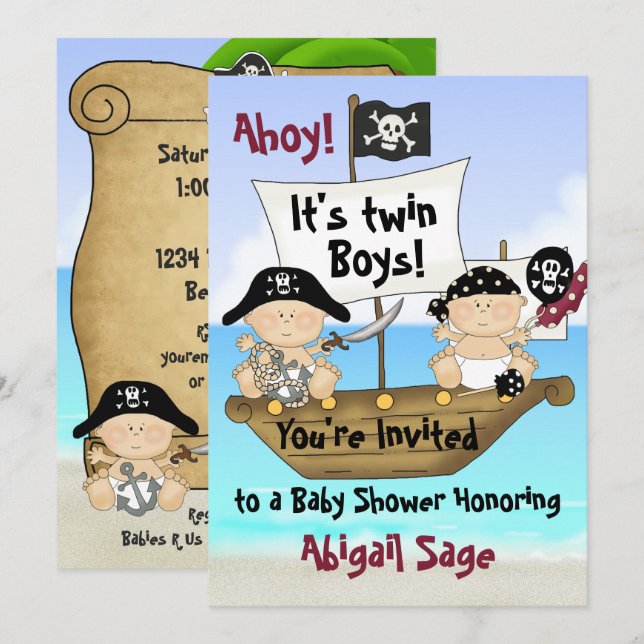 Twillingar Cute Little Buccaneer Baby Shower Pirat Inbjudningar (Fram/baksida)