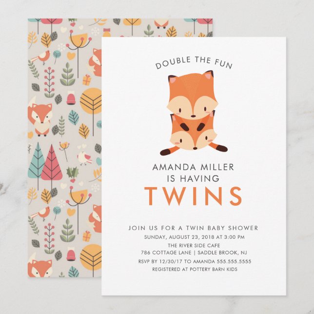 Twillingar Dubbla Roligten Fox Baby Shower-inbjudn Inbjudningar (Fram/baksida)