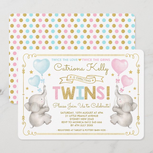 TWILLINGAR Elephant Baby Shower Blue Rosa Guld Inb Inbjudningar (Fram/baksida)