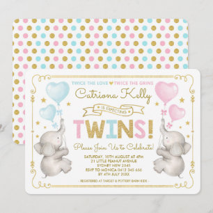 TWILLINGAR Elephant Baby Shower Blue Rosa Guld Inb Inbjudningar