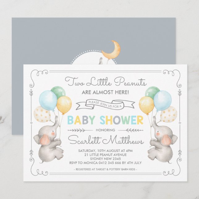 Twillingar Elephant Baby Shower Pastel Balloons In Inbjudningar (Fram/baksida)