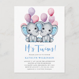 Twillingar Elephant Blue Balloon Cute Baby Shower Inbjudan Vykort