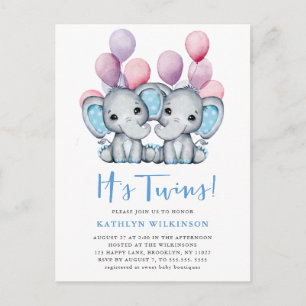 Twillingar Elephant Blue Balloon Cute Baby Shower Inbjudan Vykort