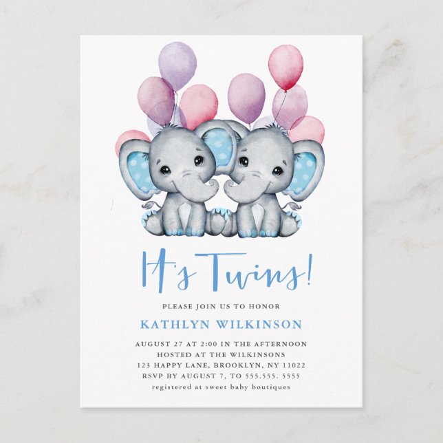 Twillingar Elephant Blue Balloon Cute Baby Shower Inbjudan Vykort (Framsida)
