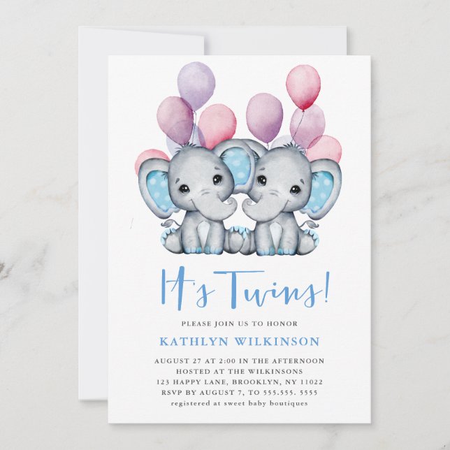 Twillingar Elephant Blue Balloon Cute Baby Shower Inbjudningar (Framsida)