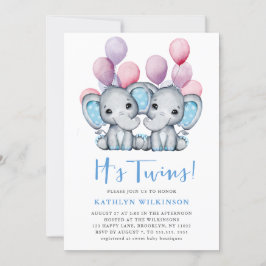 Twillingar Elephant Blue Balloon Cute Baby Shower Inbjudningar
