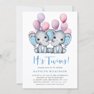 Twillingar Elephant Blue Balloon Cute Baby Shower Inbjudningar